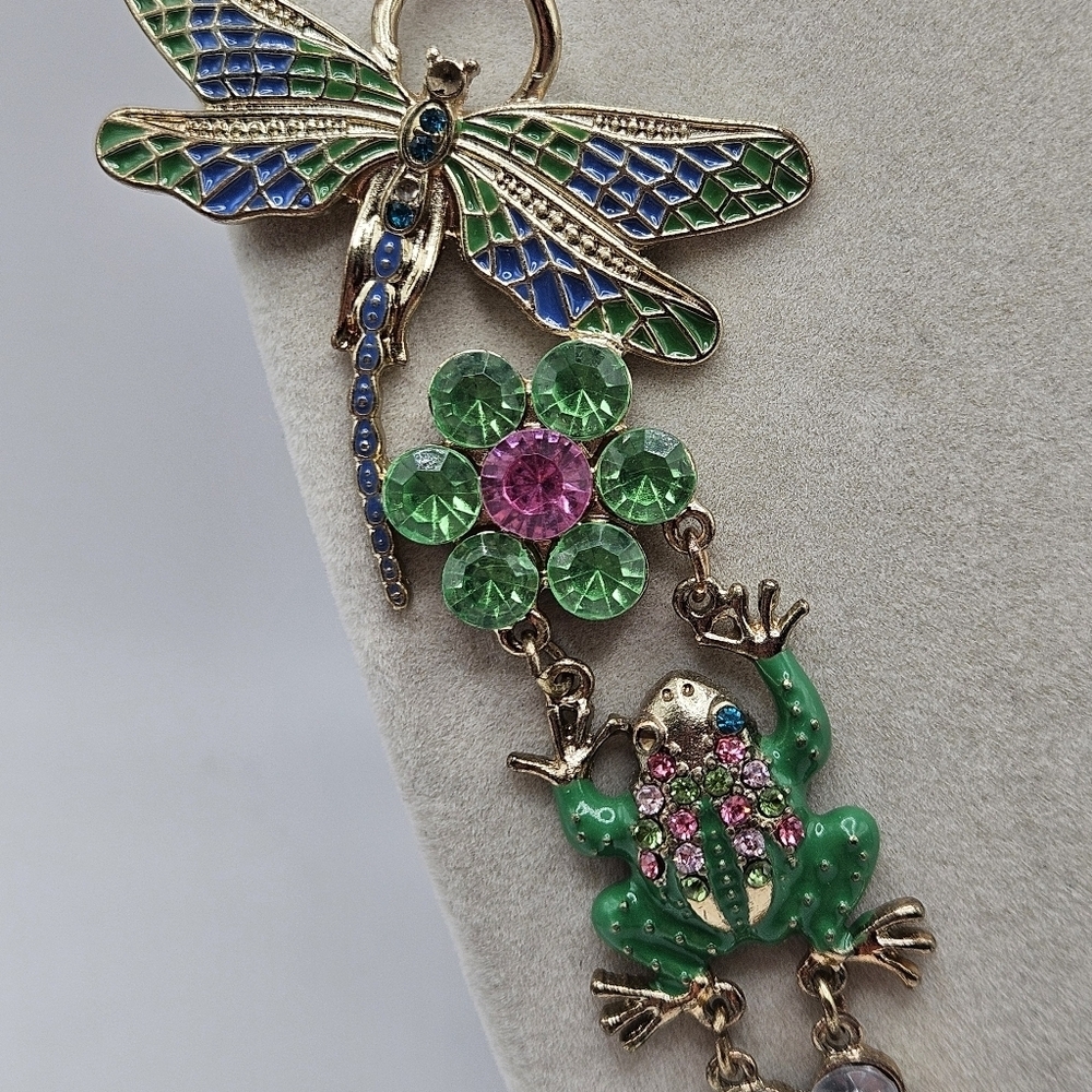 VINTAGE Ornate Rhinestone Dragonfly Cicada Butterfly Ribbon Statement Necklace - Picture 3 of 9